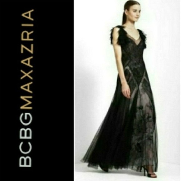 NWT BCBGMAXAZRIA DRESS TULLE GOWN ILLUSION LACE V-NECK SIZE 2 WOMENS 2 NWT - Picture 2 of 12